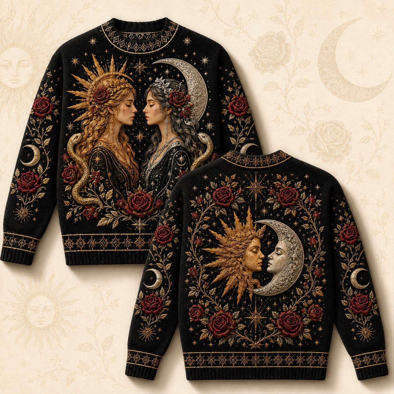 Sun Moon Goddess Sweater Rose Serpent Black Gold Knit Jumper front and back together