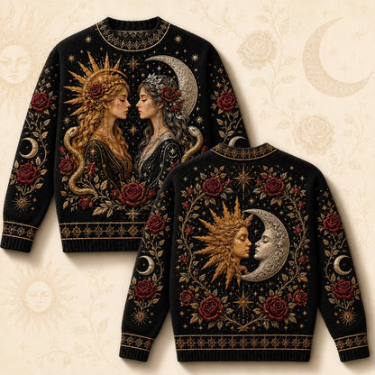 Sun Moon Goddess Sweater Rose Serpent Black Gold Knit Jumper front and back together