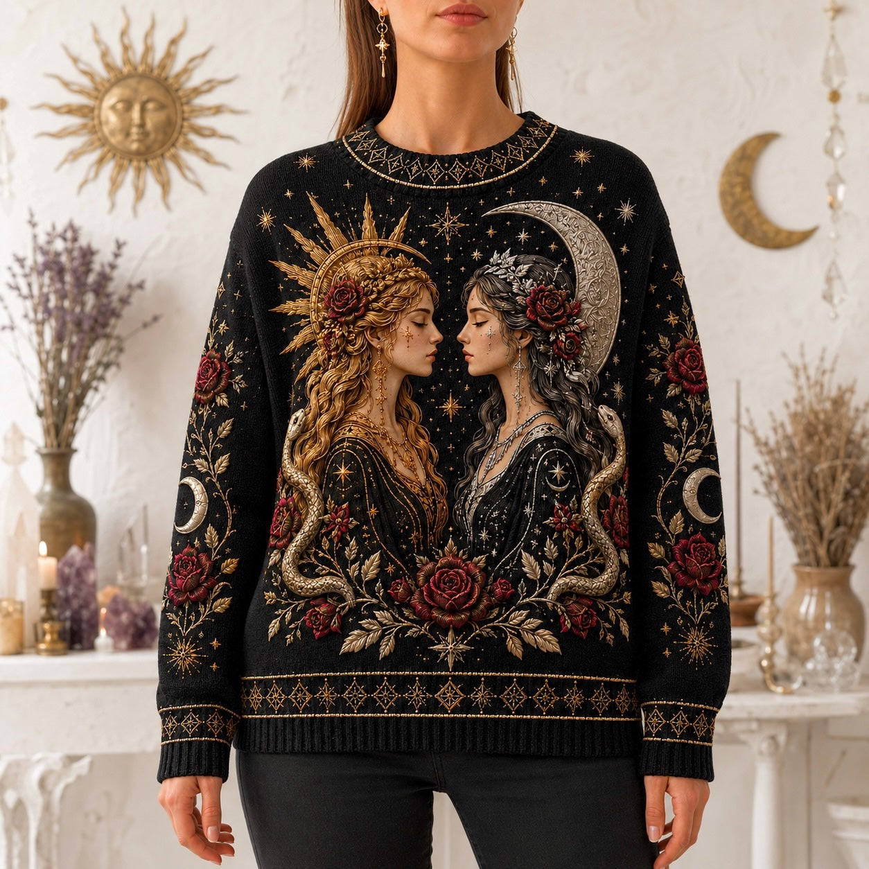 Sun Moon Goddess Sweater Rose Serpent Black Gold Knit Jumper worn, front view