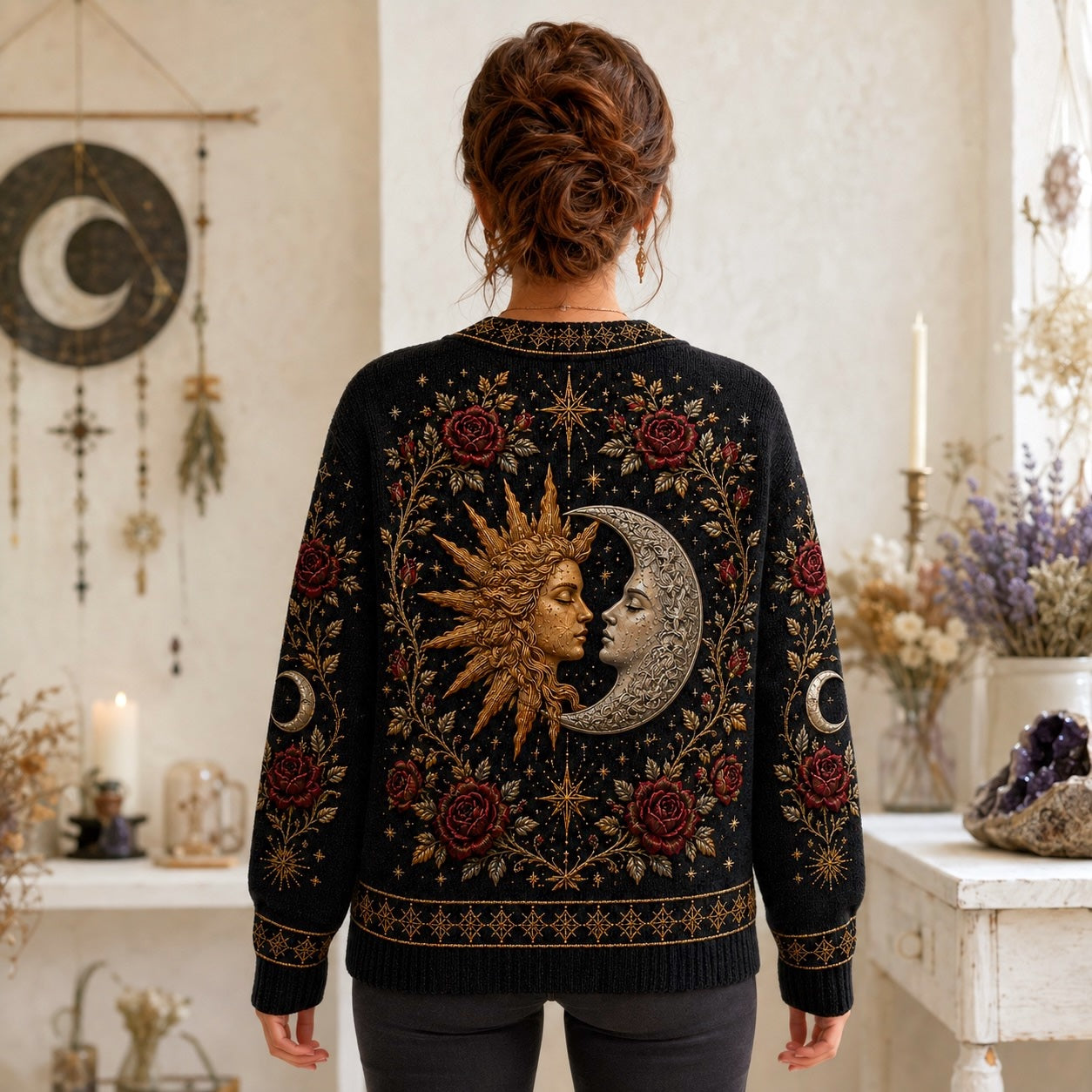 Sun Moon Goddess Sweater Rose Serpent Black Gold Knit Jumper worn, back view