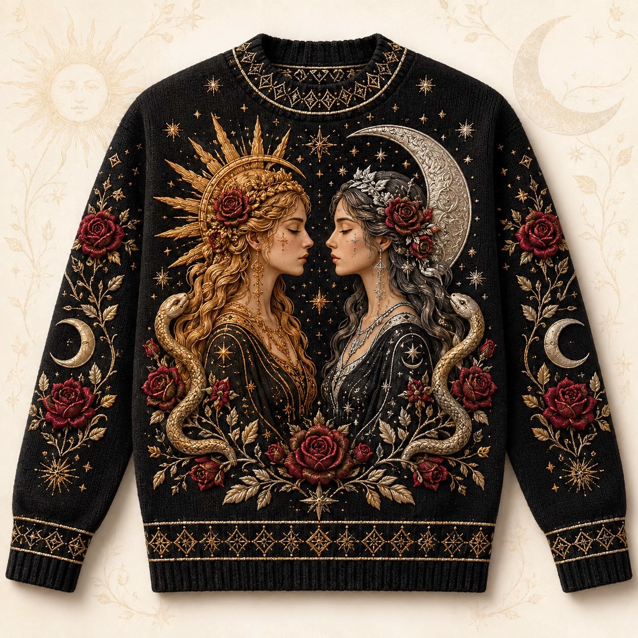 Sun Moon Goddess Sweater Rose Serpent Black Gold Knit Jumper front view