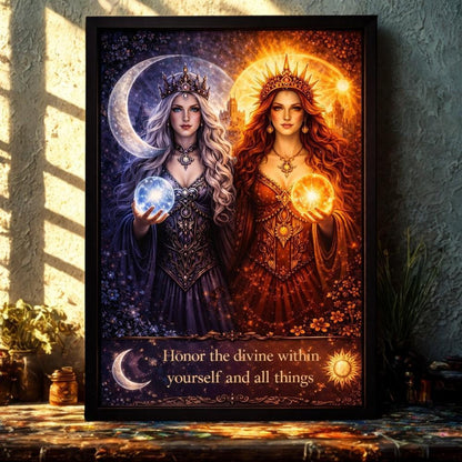 Sun Moon Goddess Wicca Art Print - Pagan Black Framed Canvas Wall Art for Sacred Decor-MoonChildWorld