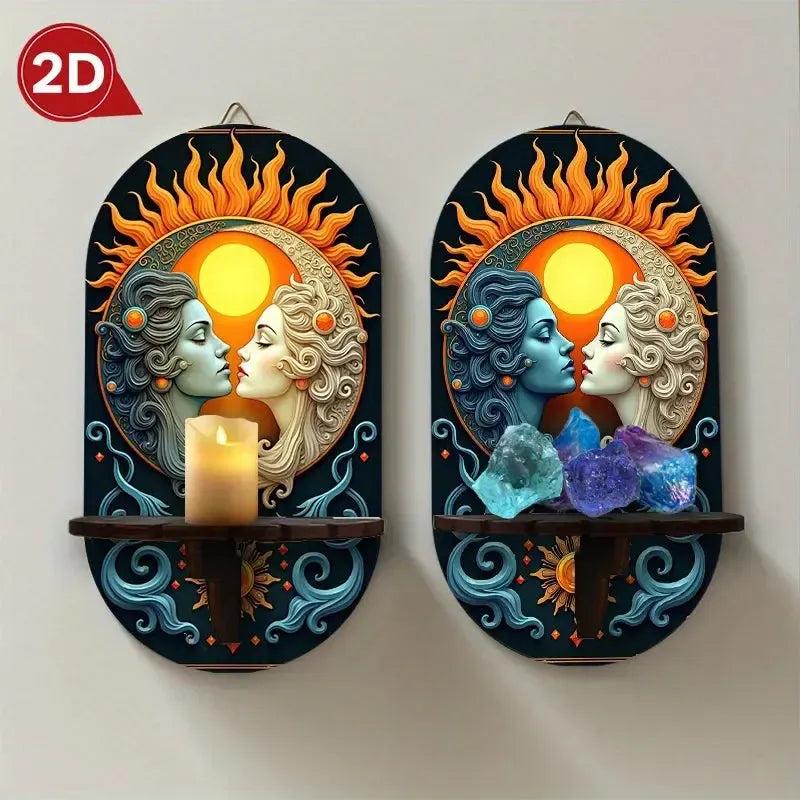 Sun Moon Goddess Wicca Wall Shelf for Crystals & Candles – Wooden Celestial Floating Shelf Pagan Altar Decor-MoonChildWorld