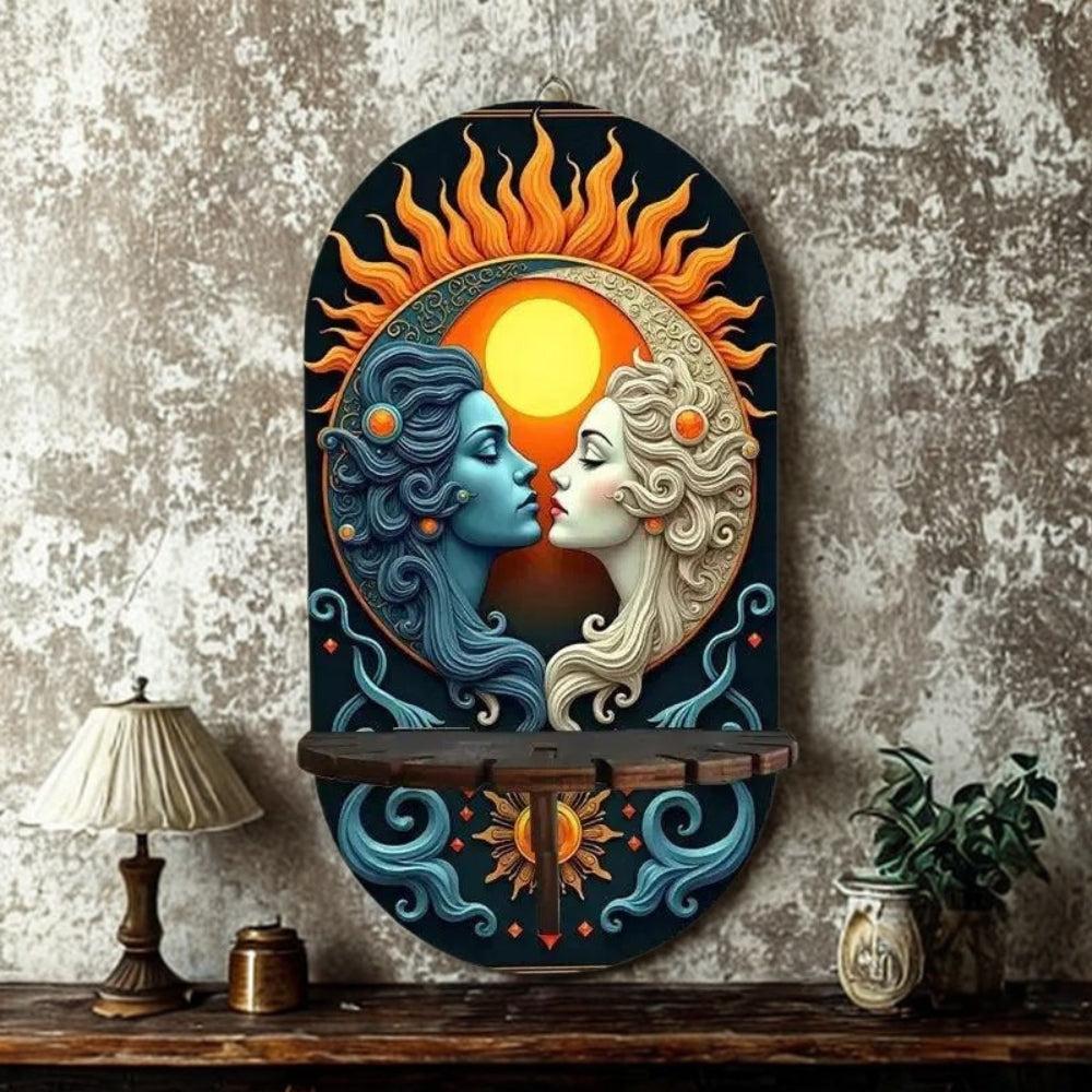 Sun Moon Goddess Wicca Wall Shelf for Crystals & Candles – Wooden Celestial Floating Shelf Pagan Altar Decor-MoonChildWorld
