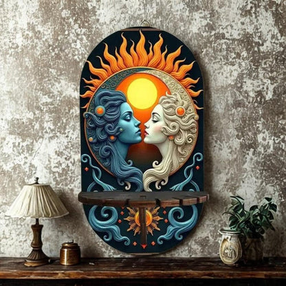 Sun Moon Goddess Wicca Wall Shelf for Crystals & Candles – Wooden Celestial Floating Shelf Pagan Altar Decor-MoonChildWorld