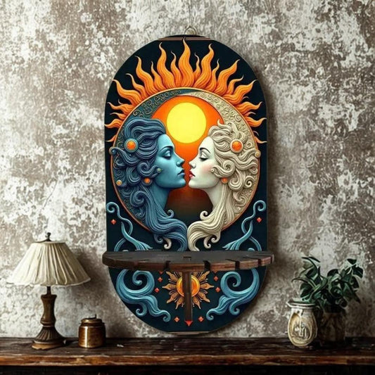 Sun Moon Goddess Wicca Wall Shelf for Crystals & Candles – Wooden Celestial Floating Shelf Pagan Altar Decor-MoonChildWorld