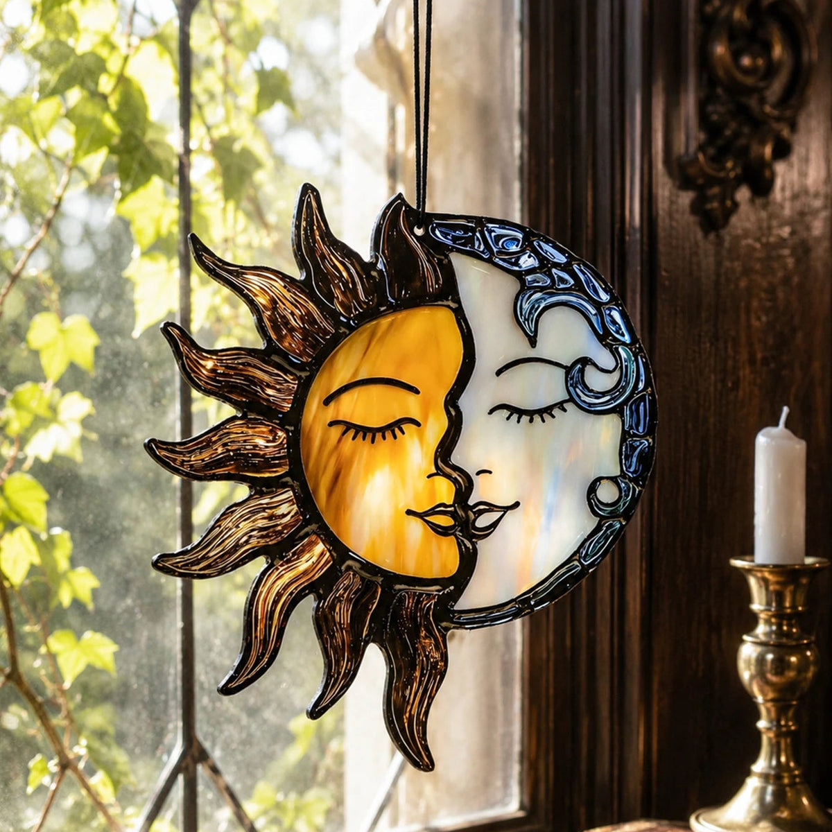 Celestial suncatcher hanging in a window casting coloured light