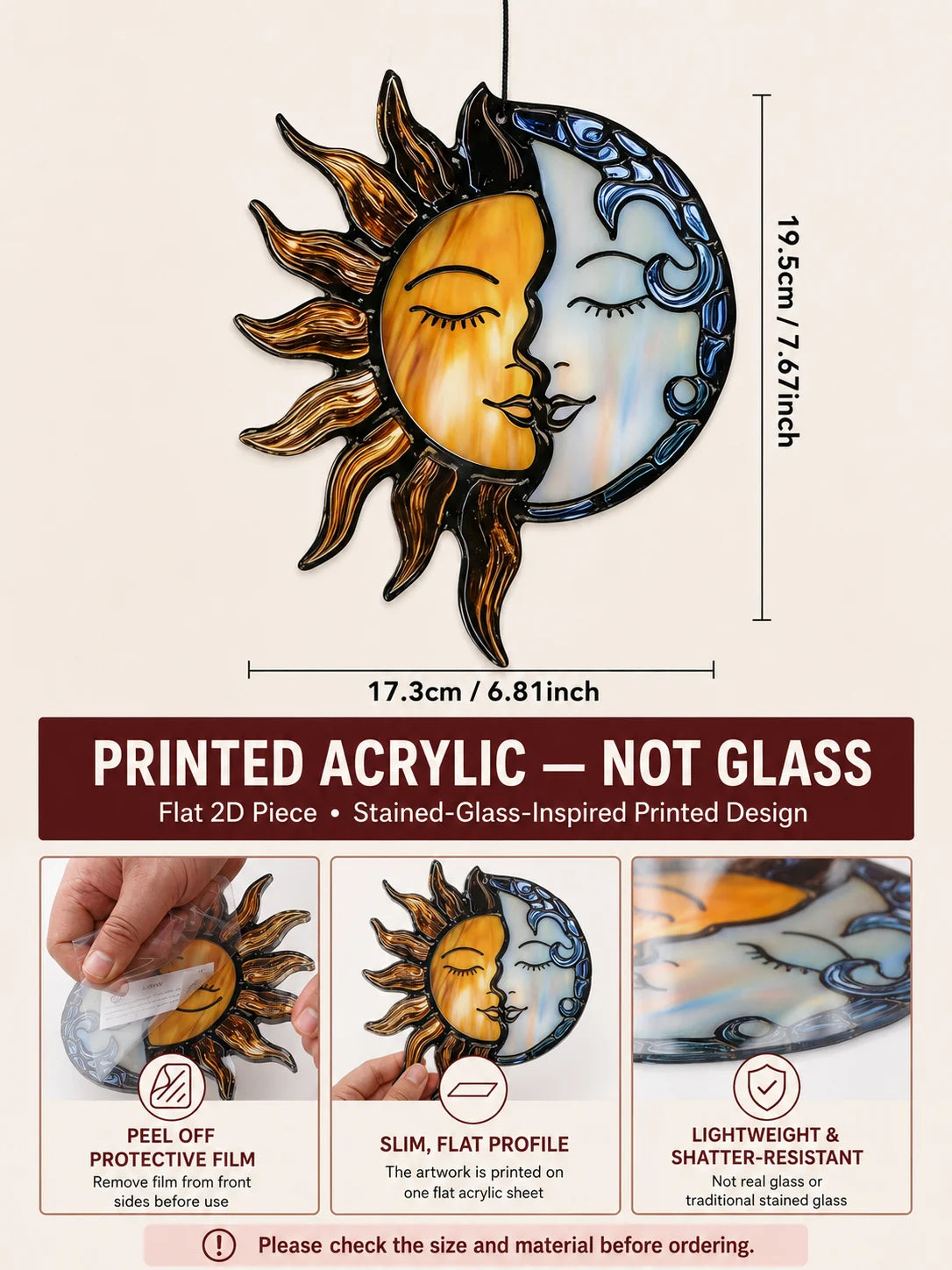 Size reference for the sun and moon kiss face suncatcher