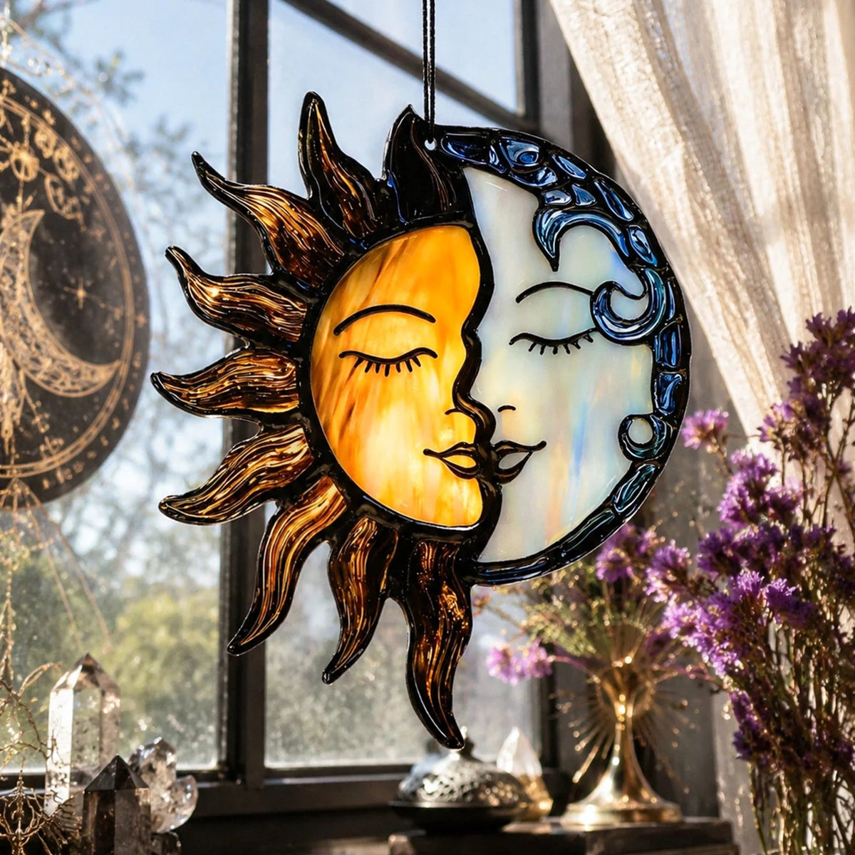Close-up of the sun and crescent moon faces on the suncatcher