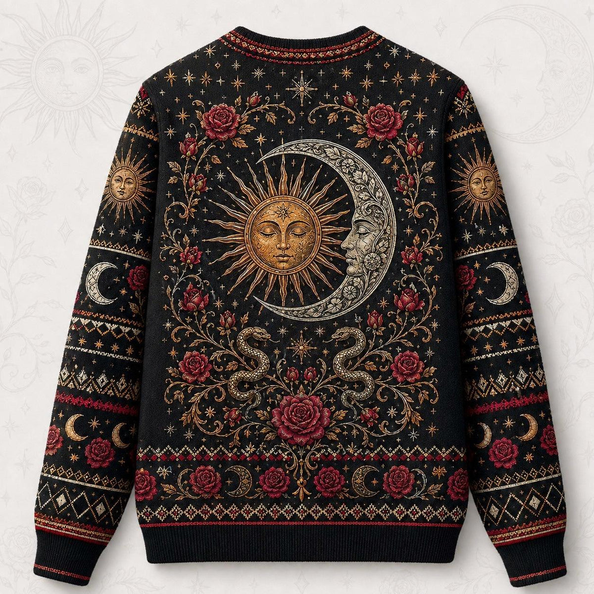 Sun And Moon Lovers Sweater Rose Serpent Red Gold Knit back view