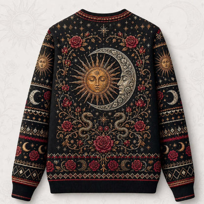 Sun And Moon Lovers Sweater Rose Serpent Red Gold Knit back view