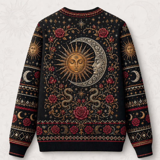 Sun And Moon Lovers Sweater Rose Serpent Red Gold Knit back view