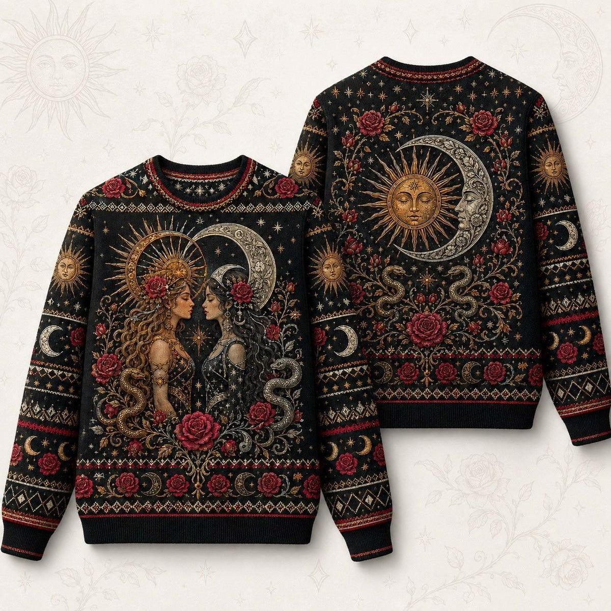 Sun And Moon Lovers Sweater Rose Serpent Red Gold Knit front and back together