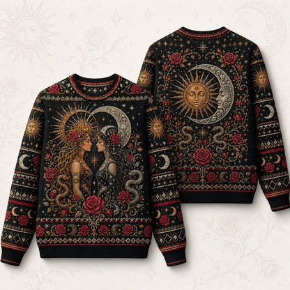 Sun And Moon Lovers Sweater Rose Serpent Red Gold Knit front and back together