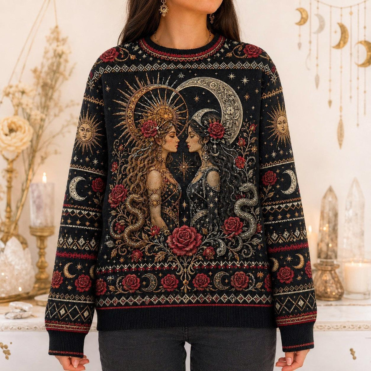Sun And Moon Lovers Sweater Rose Serpent Red Gold Knit worn, front view