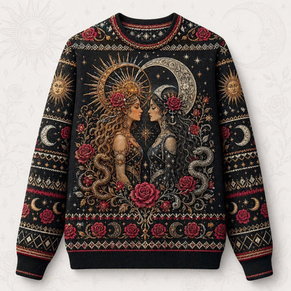 Sun And Moon Lovers Sweater Rose Serpent Red Gold Knit front view