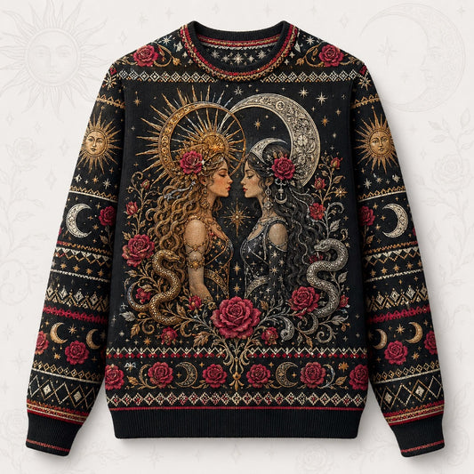 Sun And Moon Lovers Sweater Rose Serpent Red Gold Knit front view