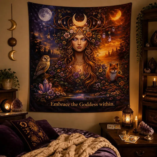 Sun & Moon Pagan Goddess Tapestry with Spirit Animals - Wiccan Wall Hanging_mockup_1.webp