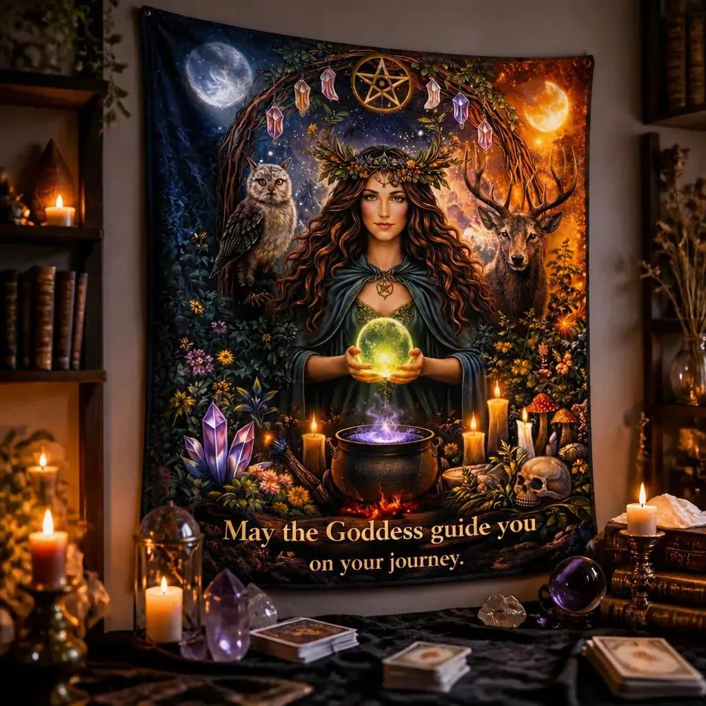 Sun & Moon Pagan Goddess Tapestry with Spirit Animals - Wiccan Wall Hanging_mockup_3.webp