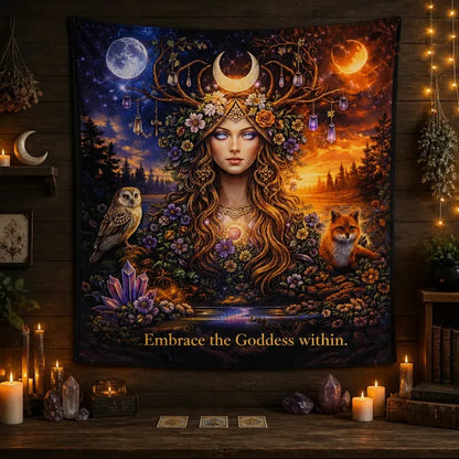 Sun & Moon Pagan Goddess Tapestry with Spirit Animals - Wiccan Wall Hanging_mockup_2.webp