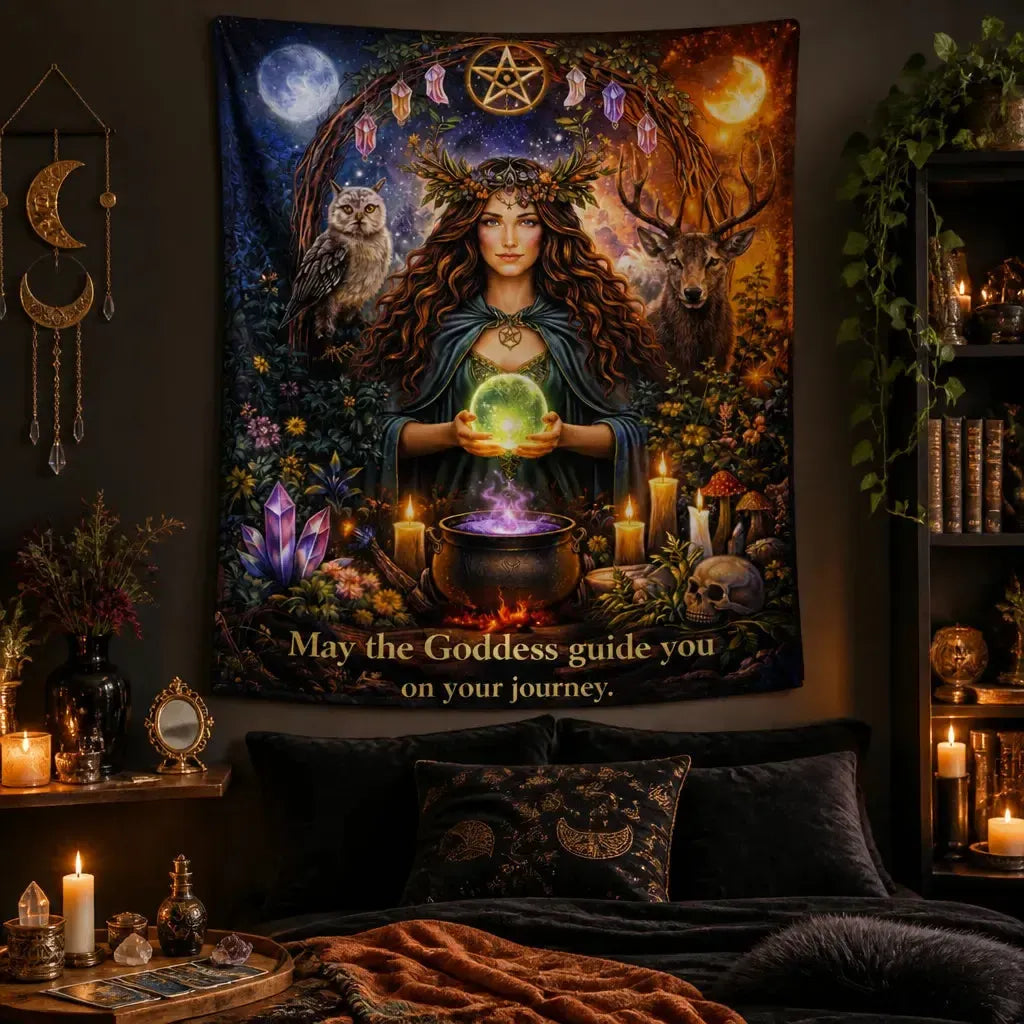 Sun & Moon Pagan Goddess Tapestry with Spirit Animals - Wiccan Wall Hanging_mockup_1.webp