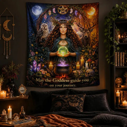 Sun & Moon Pagan Goddess Tapestry with Spirit Animals - Wiccan Wall Hanging_mockup_1.webp