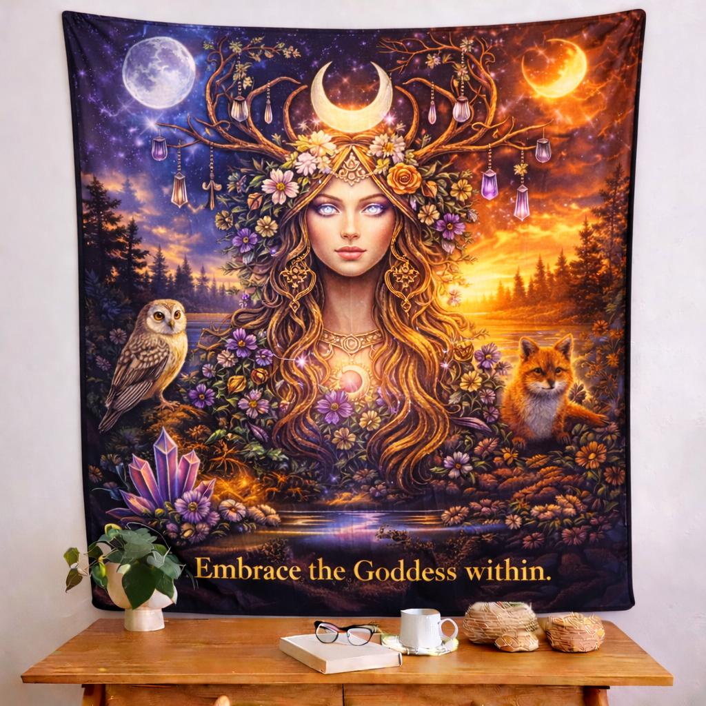 Mystical Sun & Moon Pagan Goddess tapestry with spirit animals, vibrant colors, and "Embrace the Goddess within.