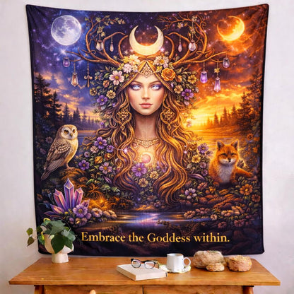 Mystical Sun & Moon Pagan Goddess tapestry with spirit animals, vibrant colors, and "Embrace the Goddess within.