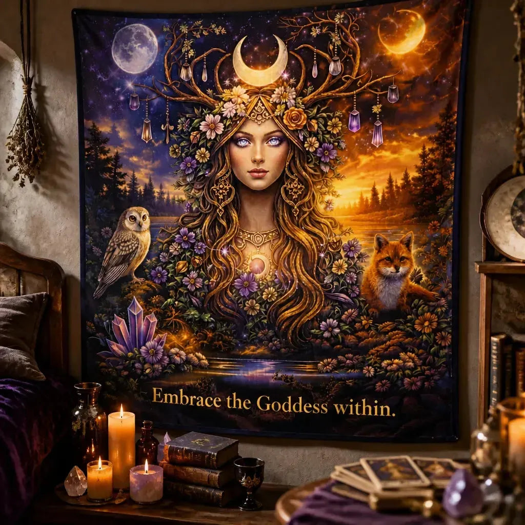 Sun & Moon Pagan Goddess Tapestry with Spirit Animals - Wiccan Wall Hanging_mockup_3.webp