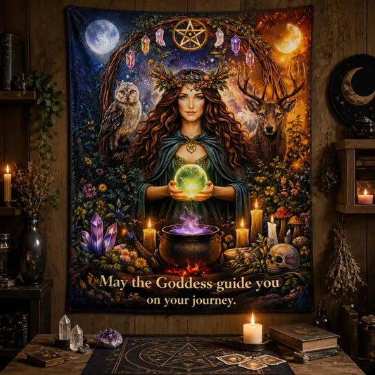 Sun & Moon Pagan Goddess Tapestry with Spirit Animals - Wiccan Wall Hanging_mockup_2.webp