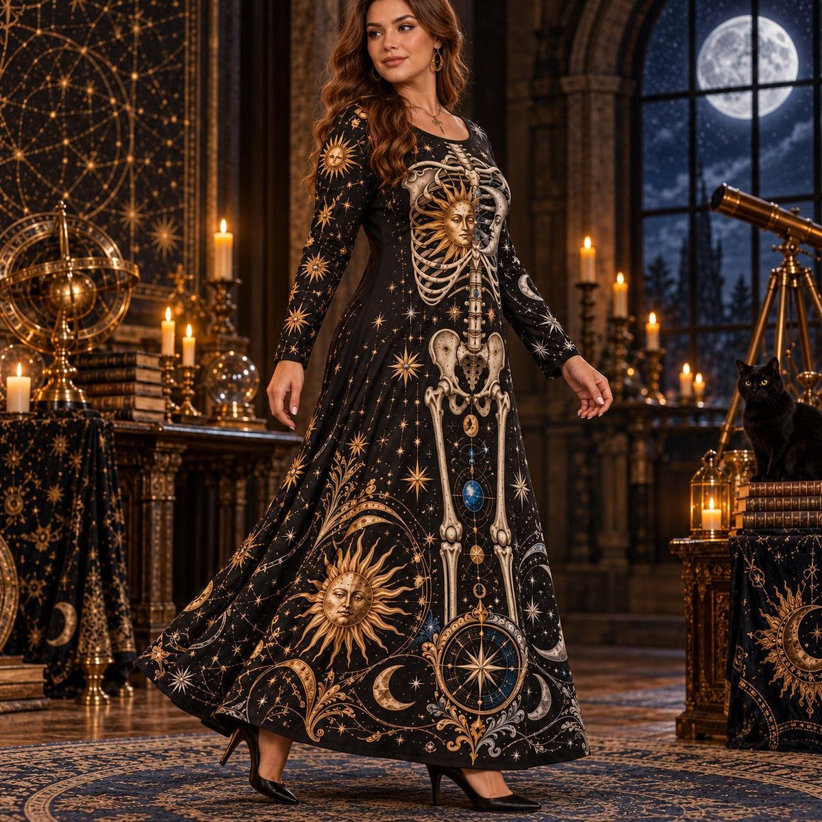 Sun Moon Skeleton Plus Size Witch Dress – Celestial Long Sleeve Maxi – worn, in motion