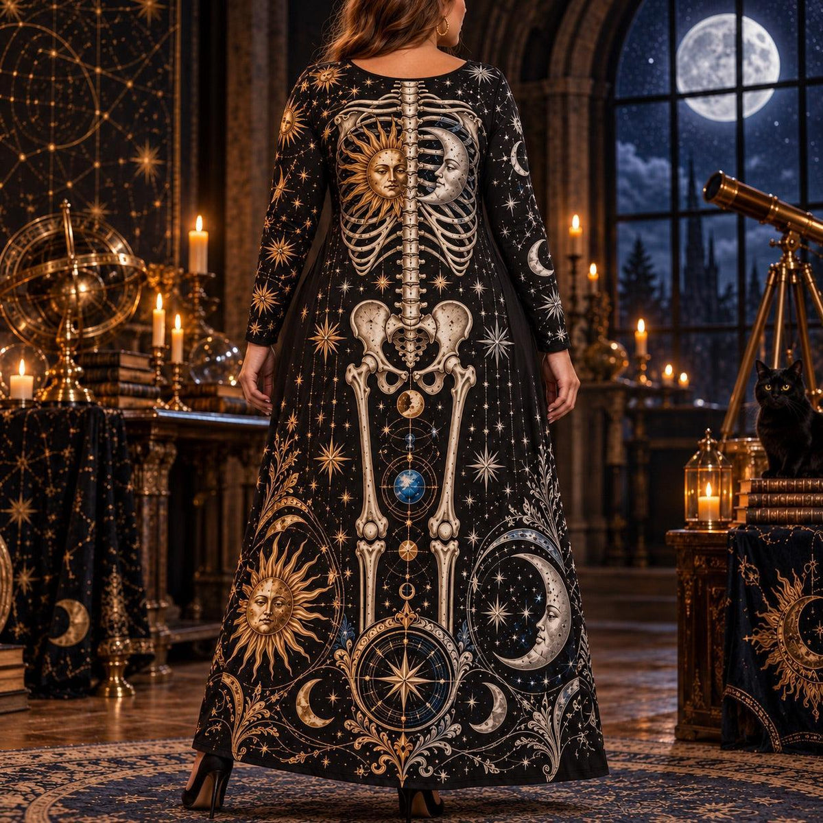 Sun Moon Skeleton Plus Size Witch Dress – Celestial Long Sleeve Maxi – worn, back view