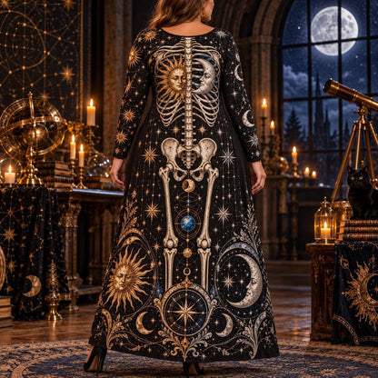 Sun Moon Skeleton Plus Size Witch Dress – Celestial Long Sleeve Maxi – worn, back view
