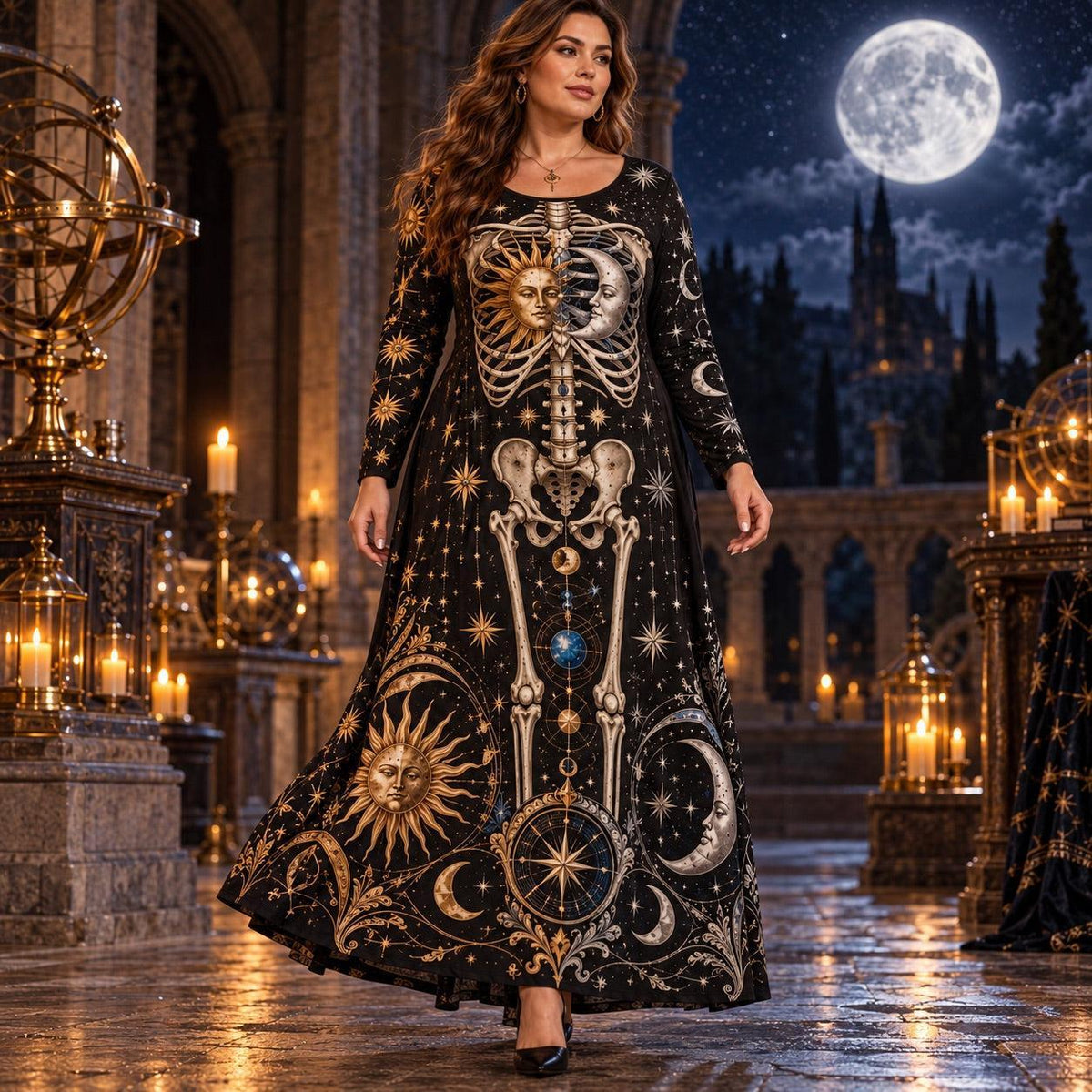 Sun Moon Skeleton Plus Size Witch Dress – Celestial Long Sleeve Maxi – worn, three quarter view