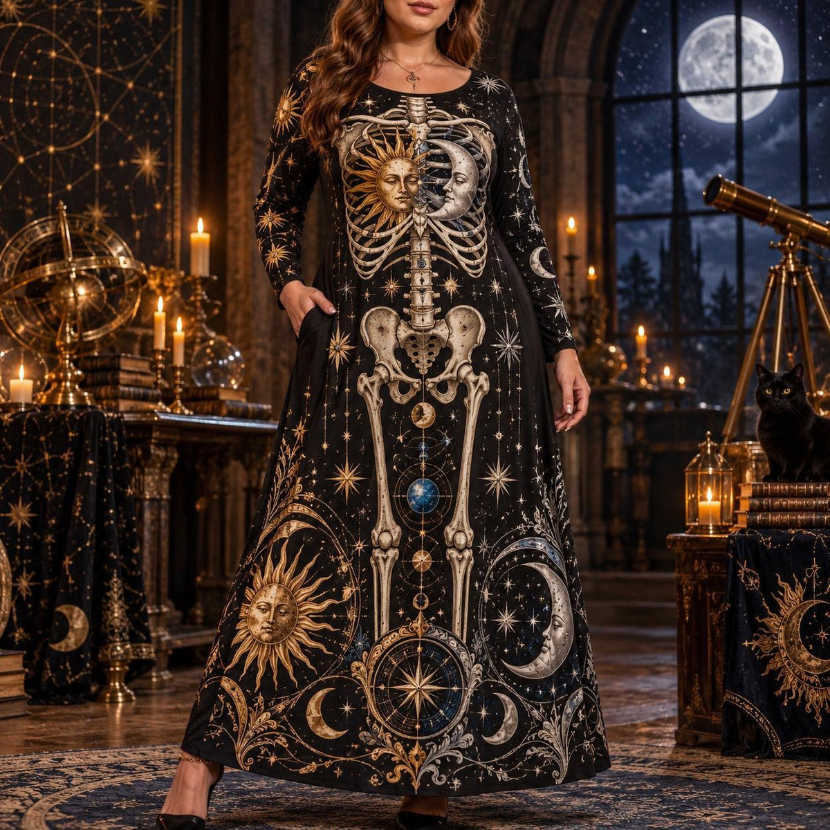 Sun Moon Skeleton Plus Size Witch Dress – Celestial Long Sleeve Maxi – worn, front view