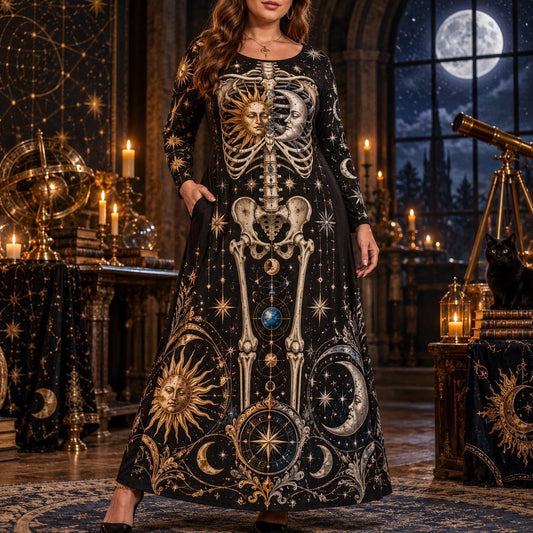 Sun Moon Skeleton Plus Size Witch Dress – Celestial Long Sleeve Maxi – worn, front view