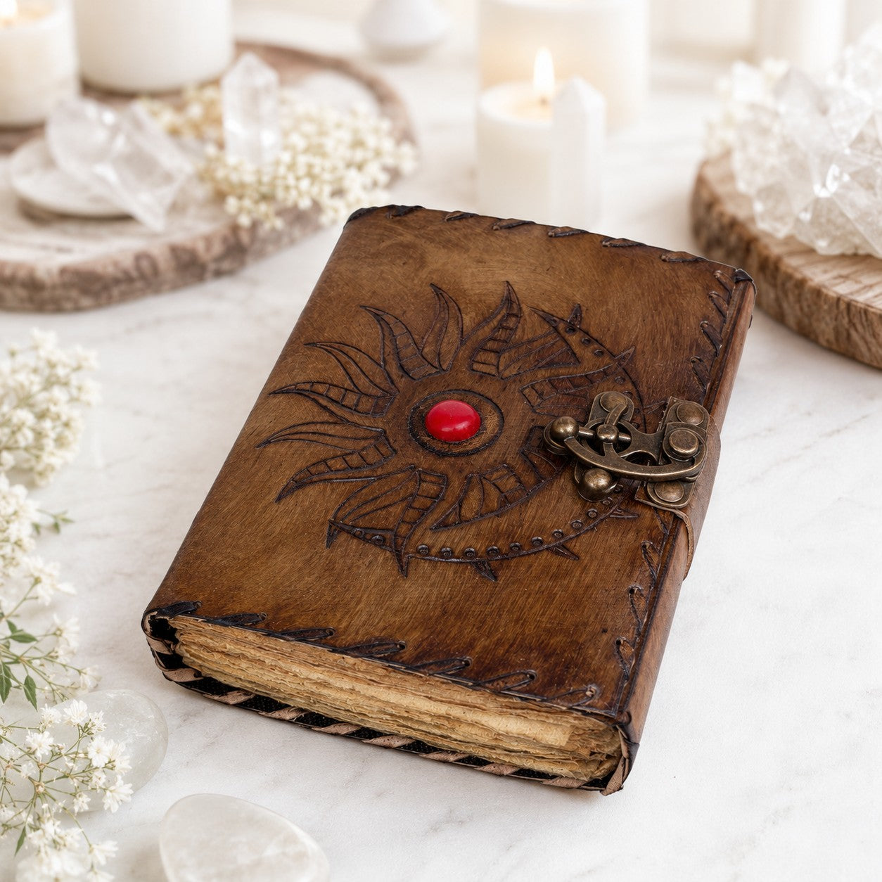 Sun Moon Stone Leather Journal – Handmade Pagan Grimoire Book of Shadows – leather journal, back cover view