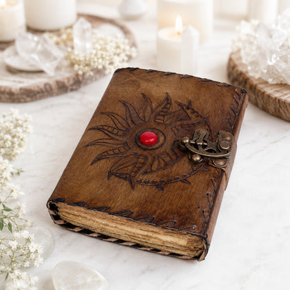 Sun Moon Stone Leather Journal – Handmade Pagan Grimoire Book of Shadows – leather journal, back cover view