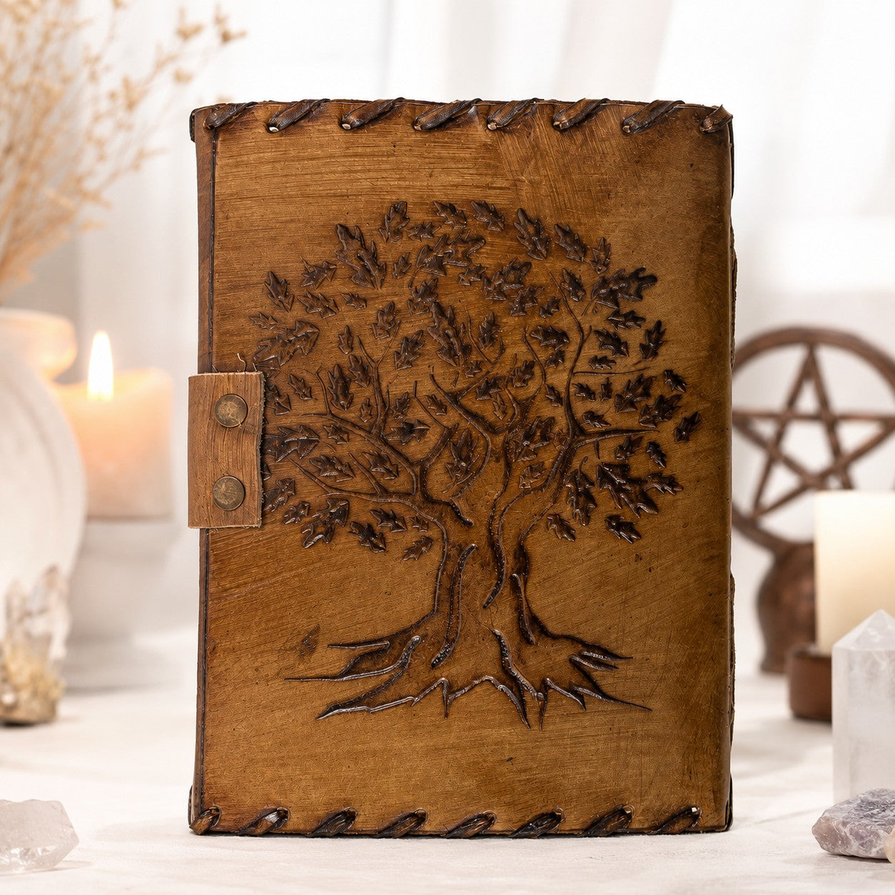 Sun Moon Stone Leather Journal – Handmade Pagan Grimoire Book of Shadows – leather journal, open blank pages view