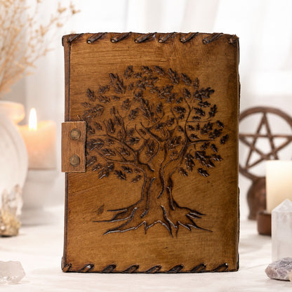 Sun Moon Stone Leather Journal – Handmade Pagan Grimoire Book of Shadows – leather journal, open blank pages view