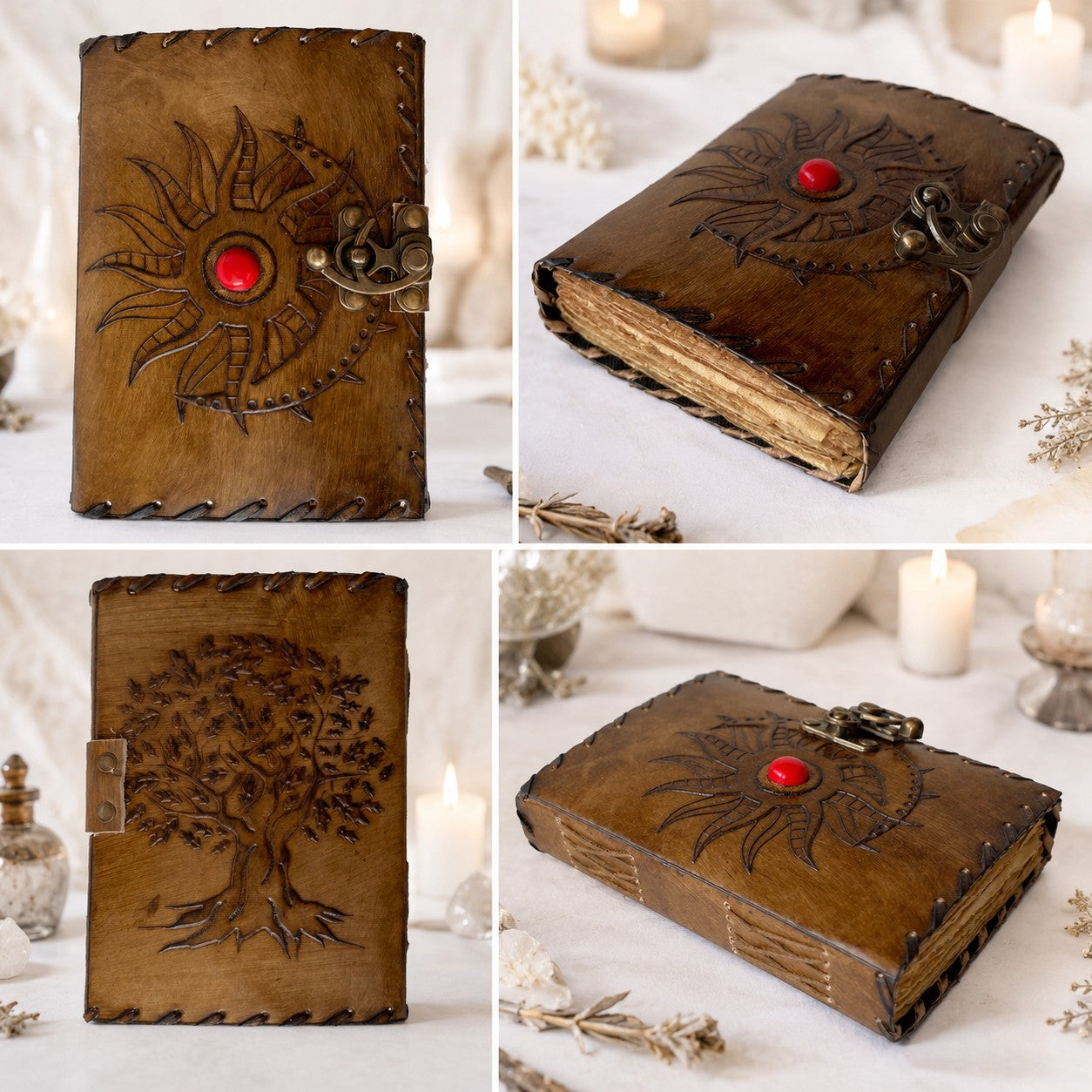 Sun Moon Stone Leather Journal – Handmade Pagan Grimoire Book of Shadows – leather journal, close-up cover detail