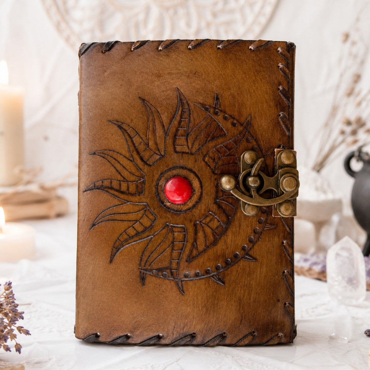 Sun Moon Stone Leather Journal – Handmade Pagan Grimoire Book of Shadows – leather journal, front cover view