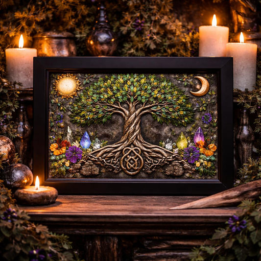 Sun & Moon Tree of Life Pagan Black Framed Art Print - Wiccan Canvas Wall Art for Spiritual Home Decor-MoonChildWorld