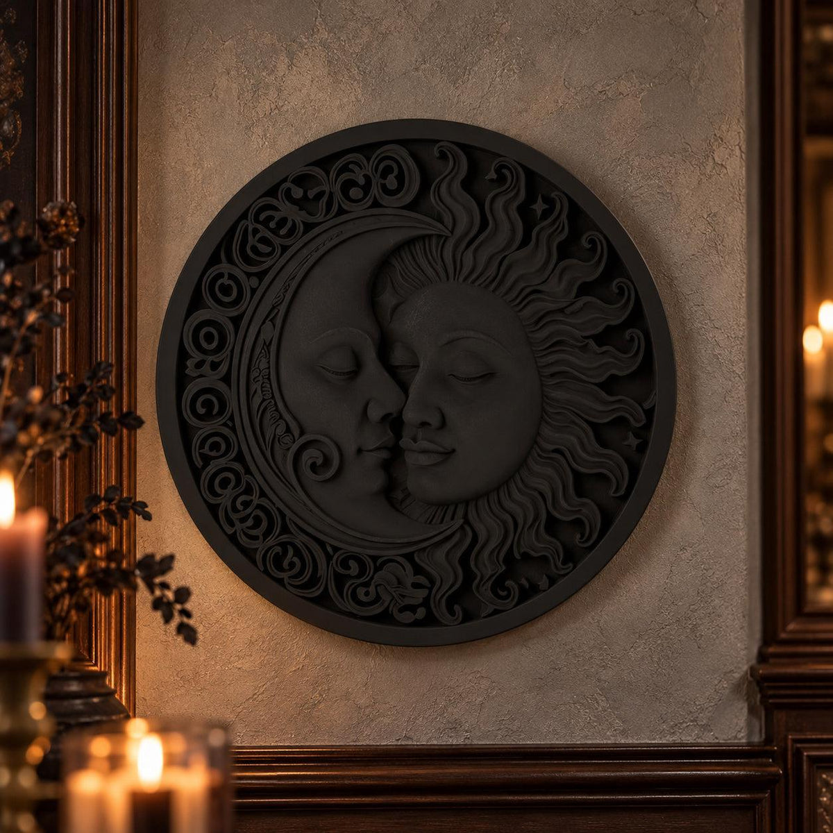 Angled celestial plaque showing paired faces, sun rays and ornate round border