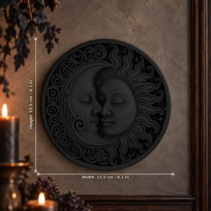 Sun and moon plaque size guide showing 15.5 cm height and width against a gothic wall