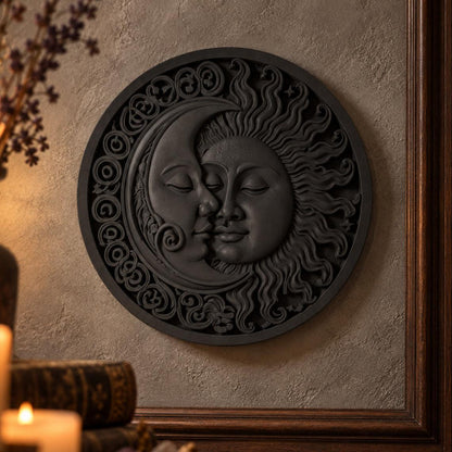 Black sun and crescent moon wall plaque displayed in a candlelit witchy room