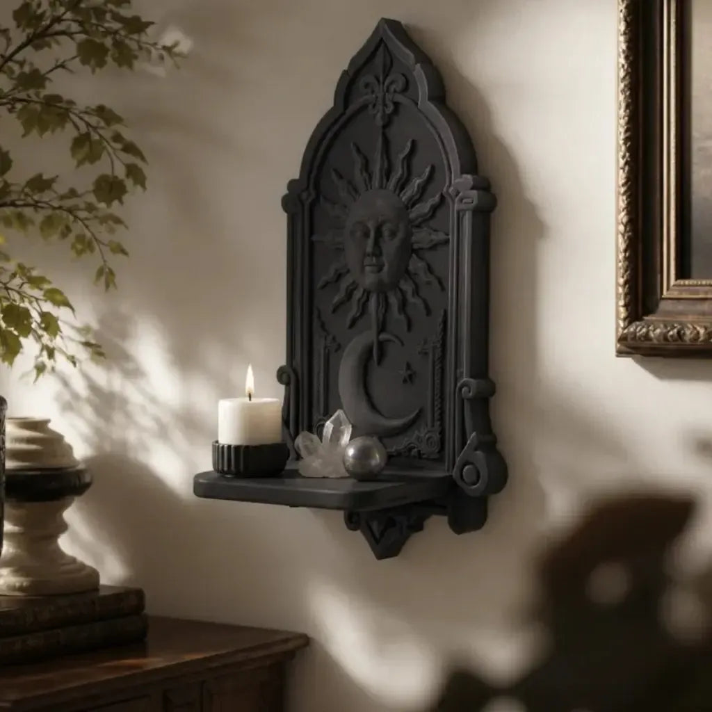 Celestial shelf beside a mirror and greenery