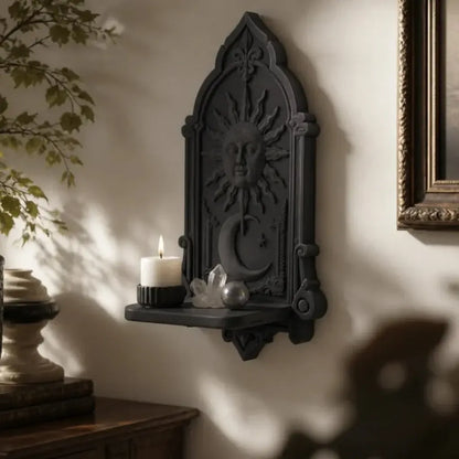 Celestial shelf beside a mirror and greenery