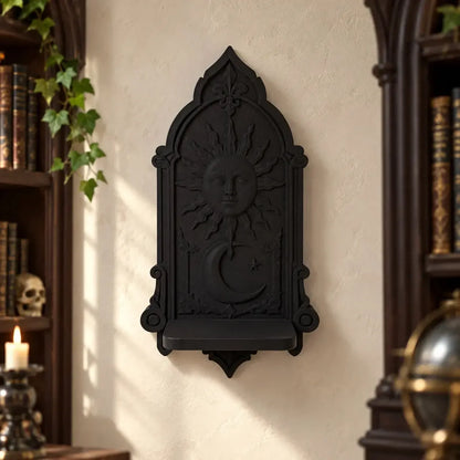 Front view of sun face and crescent above a ledge