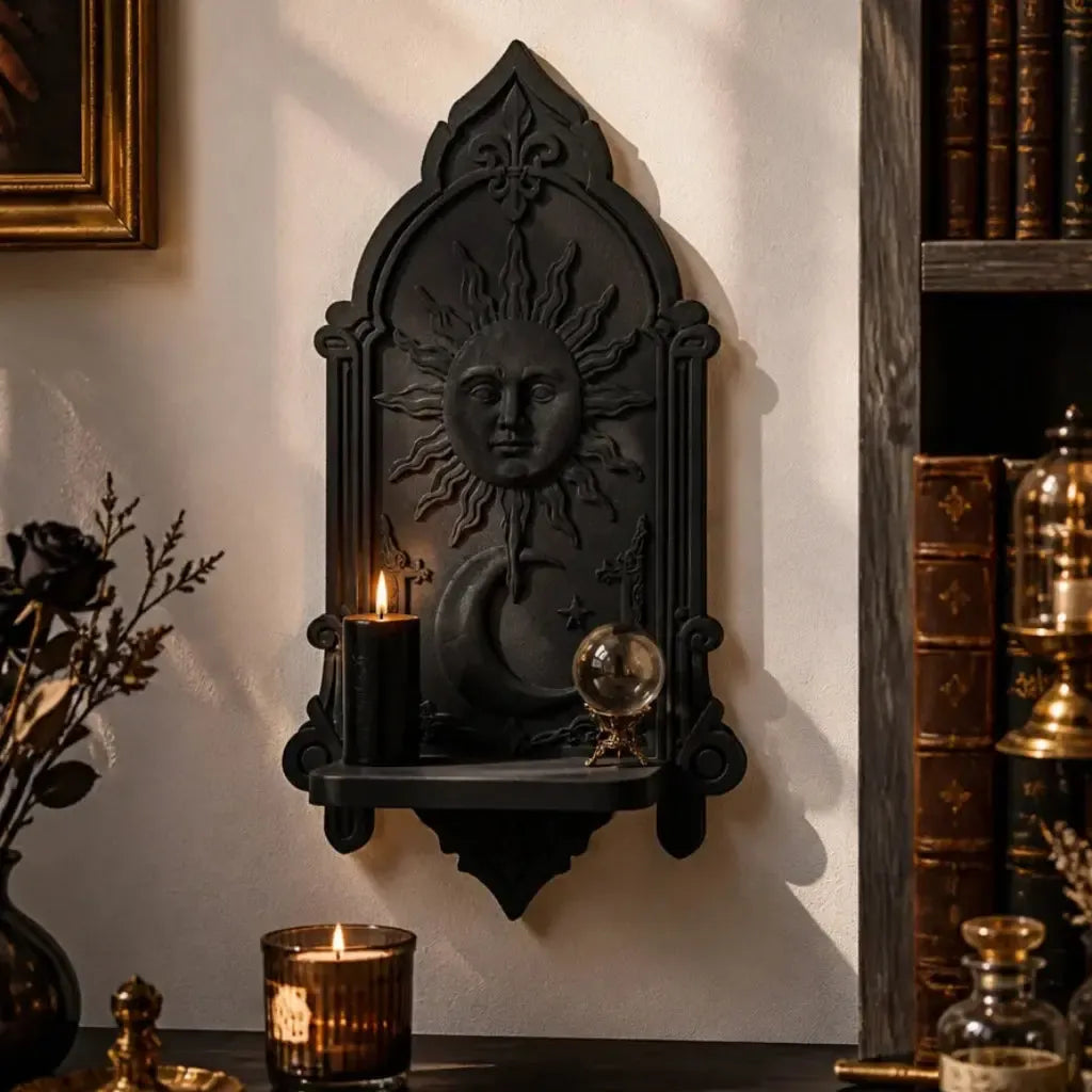 Sun and moon shelf in a dark reading nook
